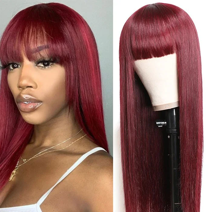 Colored wig with a silk - base cap for a comfortable and smooth feelWithme Hair #99J Color Machine Made Wig With Bang Body Wave