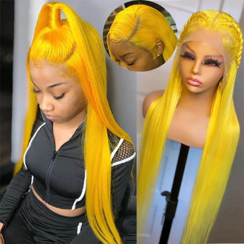 Colored wig with a 150 - density for a full and thick appearanceYellow Colored Human Hair Wig HD Lace Front Wigs Invisible Glueless Cosplay Wig For Women