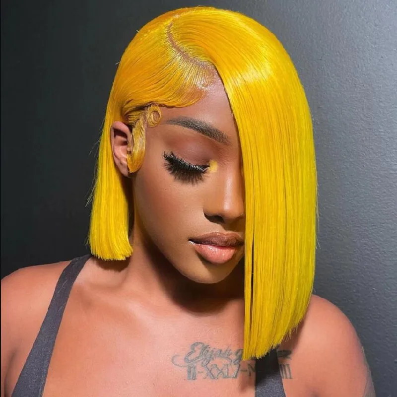 Colored wig with a middle - part for a classic and elegant styleNew In --Yellow Short Bob Wig 13x4 HD Lace Front Wigs Pre Plucked Glueless Wig