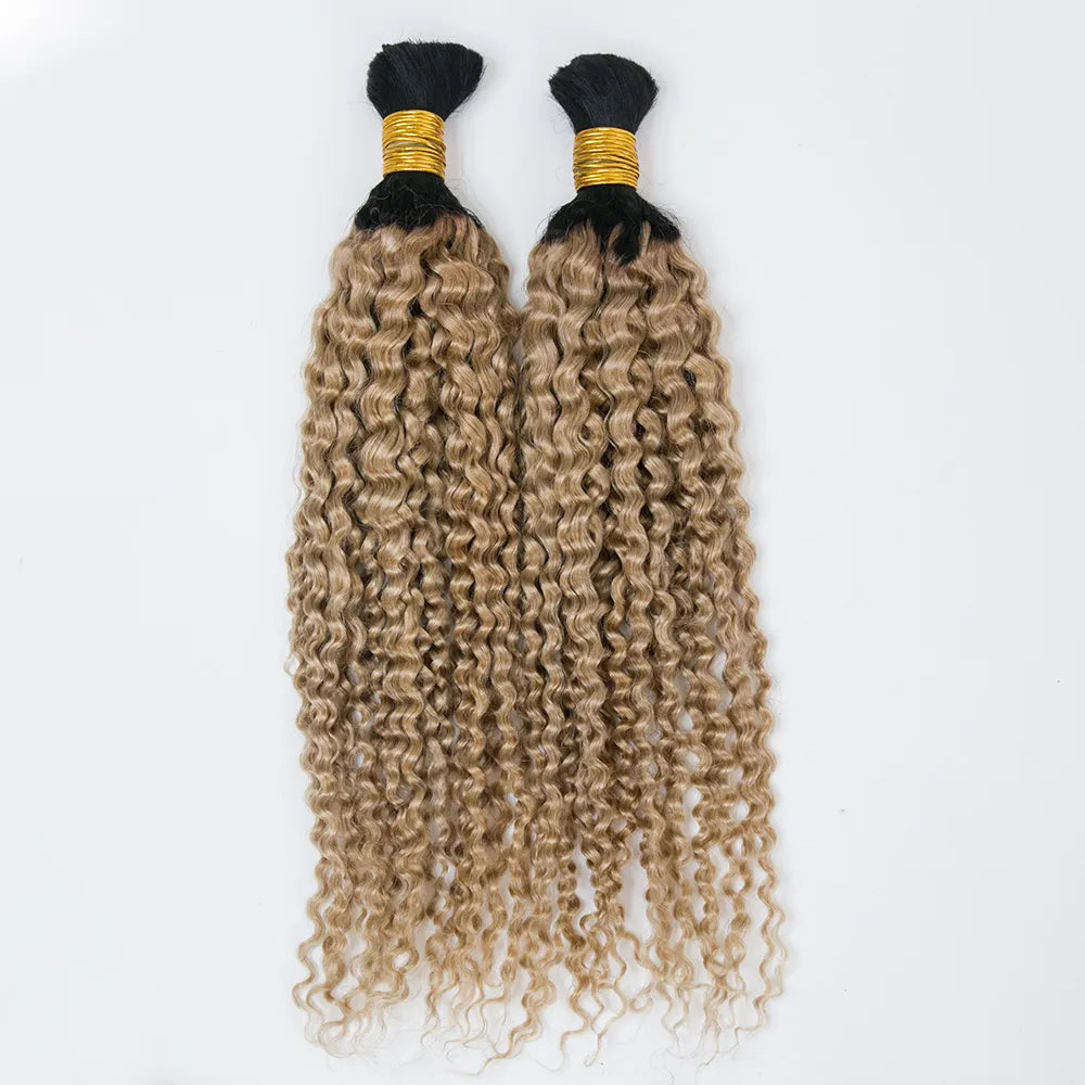 Human hair braided wigs for a luxurious feelT1B/27 Honey Blonde with Dark Roots Deep Curly Human Hair Bulk for Braiding