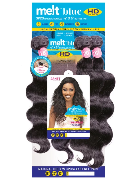 Braided wigs with a 180 - density for a full and thick appearanceJanet Collection Melt Blue 100% Remy Human Hair NATURAL BODY Weave 3pcs + 4x5 Free Part Closure *BFCM