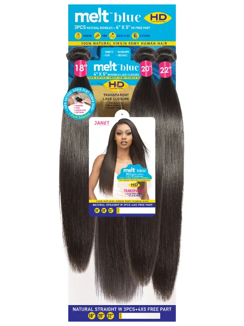 Long - length braided wigs for a glamorous and voluminous styleJanet Collection Melt Blue 100% Remy Human Hair NATURAL STRAIGHT Weave 3pcs + 4x5 Free Part Closure  *BFCM