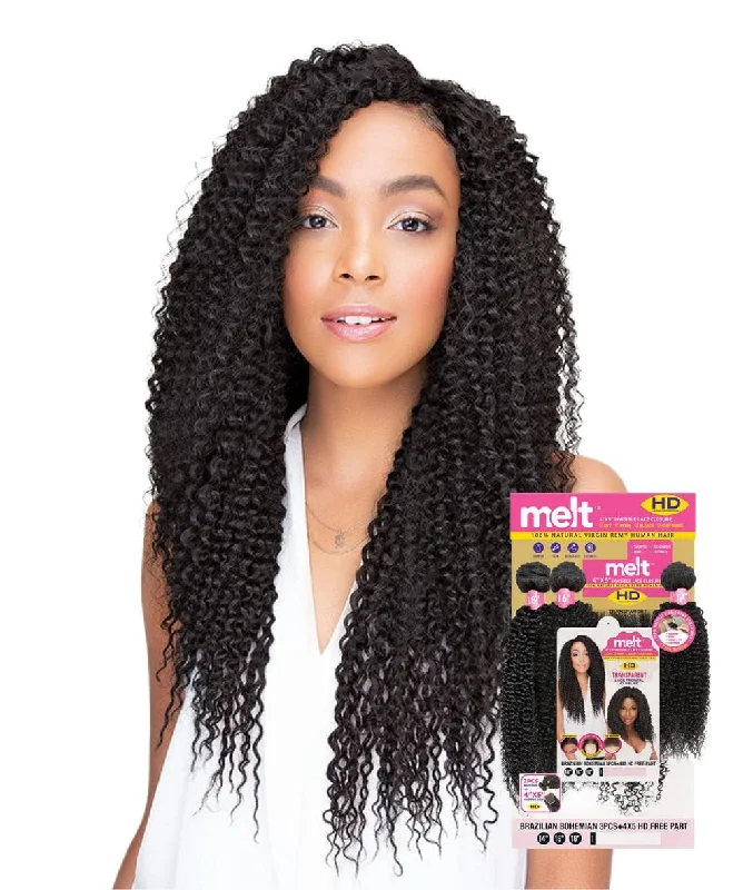 Braided wigs with a middle - part for a classic and elegant styleJanet Melt 100% Virgin Hair 3Pcs+4X5 Free Part Lace Closure - Brazilian Bohemian