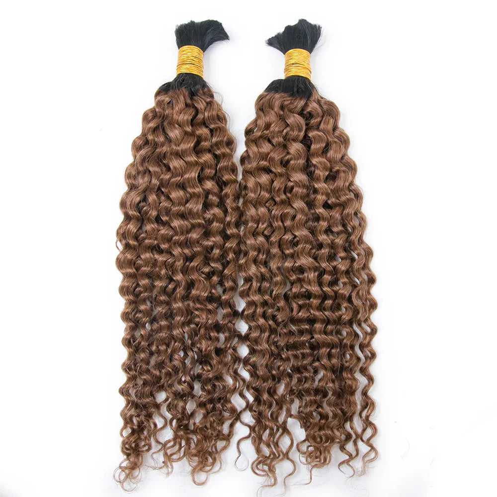 Braided wigs with a water - wave texture for a unique lookT1B/30 Light Brown with Dark Roots Deep Curly Human Hair Bulk for Braiding