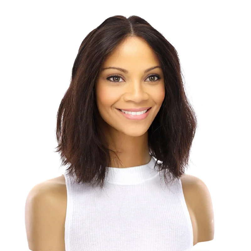 Short wig with a blunt bob cut for a modern and sleek style12" Divine Luxe Lace Top Wig #2 Neutral Dark Brown Wavy