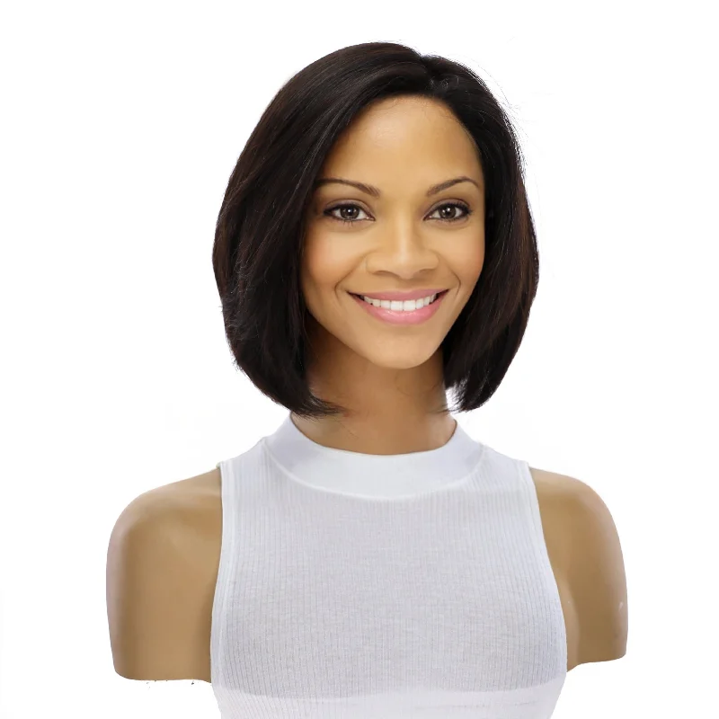 Short wig in a fiery red color for a vibrant appearance12" Halle Silk Top Wig Soft Black