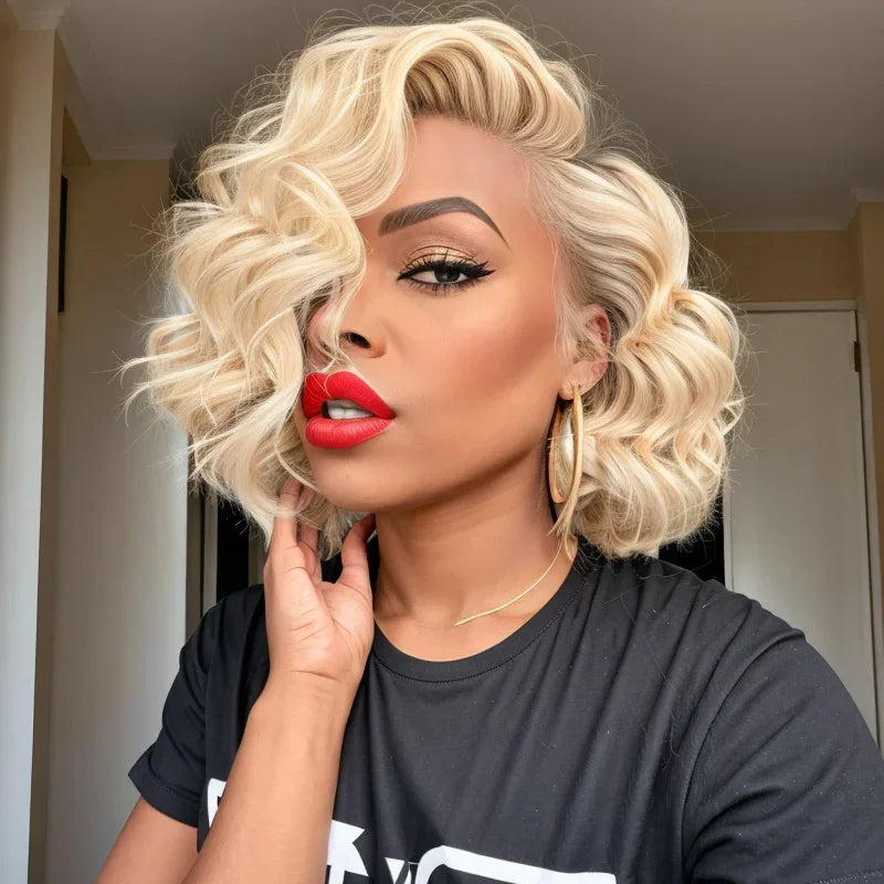 Short wig for daily office wear with a professional look12inch Blonde Water Wavy 5x5 Glueless Preplucked Human Wigs Ready To Go