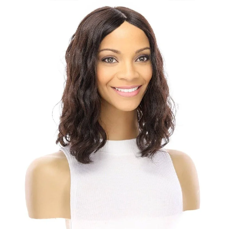 Adjustable - cap short wig for a customized and comfortable fit14" Emerald Silk Top Topper Soft Black Wavy