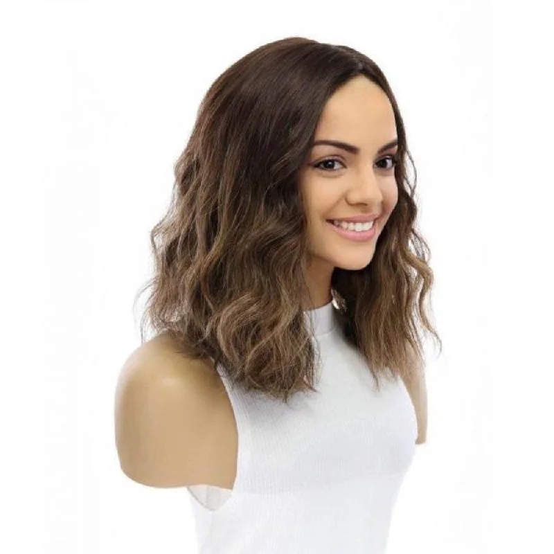 Petite short wig designed for a more delicate frame14" Topaz Lace Top Topper Dark Brown Balayage Wavy