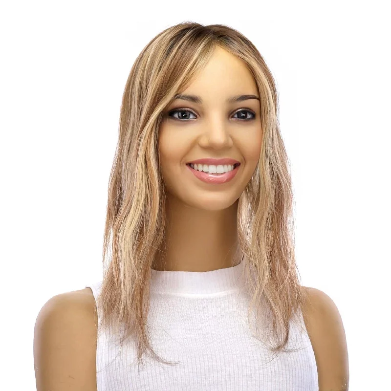 Petite short wig designed for a more delicate frame14" Topaz Lace Top Topper Medium Blonde w/ Highlights