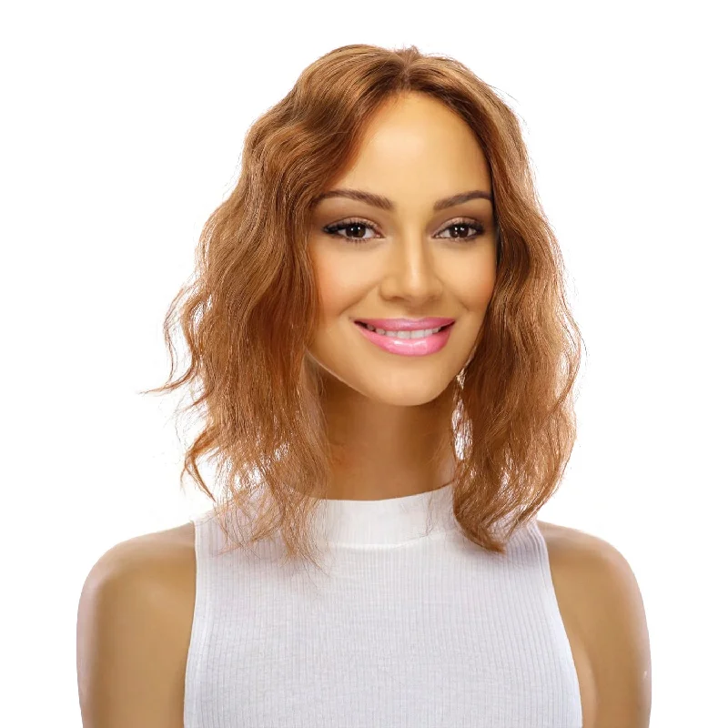 Short wig with a blunt bob cut for a modern and sleek style14" Topaz Lace Top Topper Strawberry Blonde Wavy