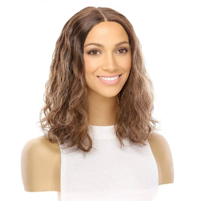 Platinum - blonde short wig for a trendy and eye - catching style16" Divine Lace Top Topper Medium Brown Balayage Wavy