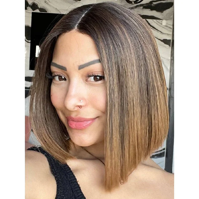 Short wig with a wavy texture for a beachy and relaxed look16" Divine Lace Top Wig Dark Brown Ombre w/ A-Line Bob