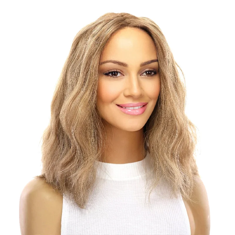 Short wig with a wavy texture for a beachy and relaxed look16" Divine Lace Top Wig Medium Blonde Wavy