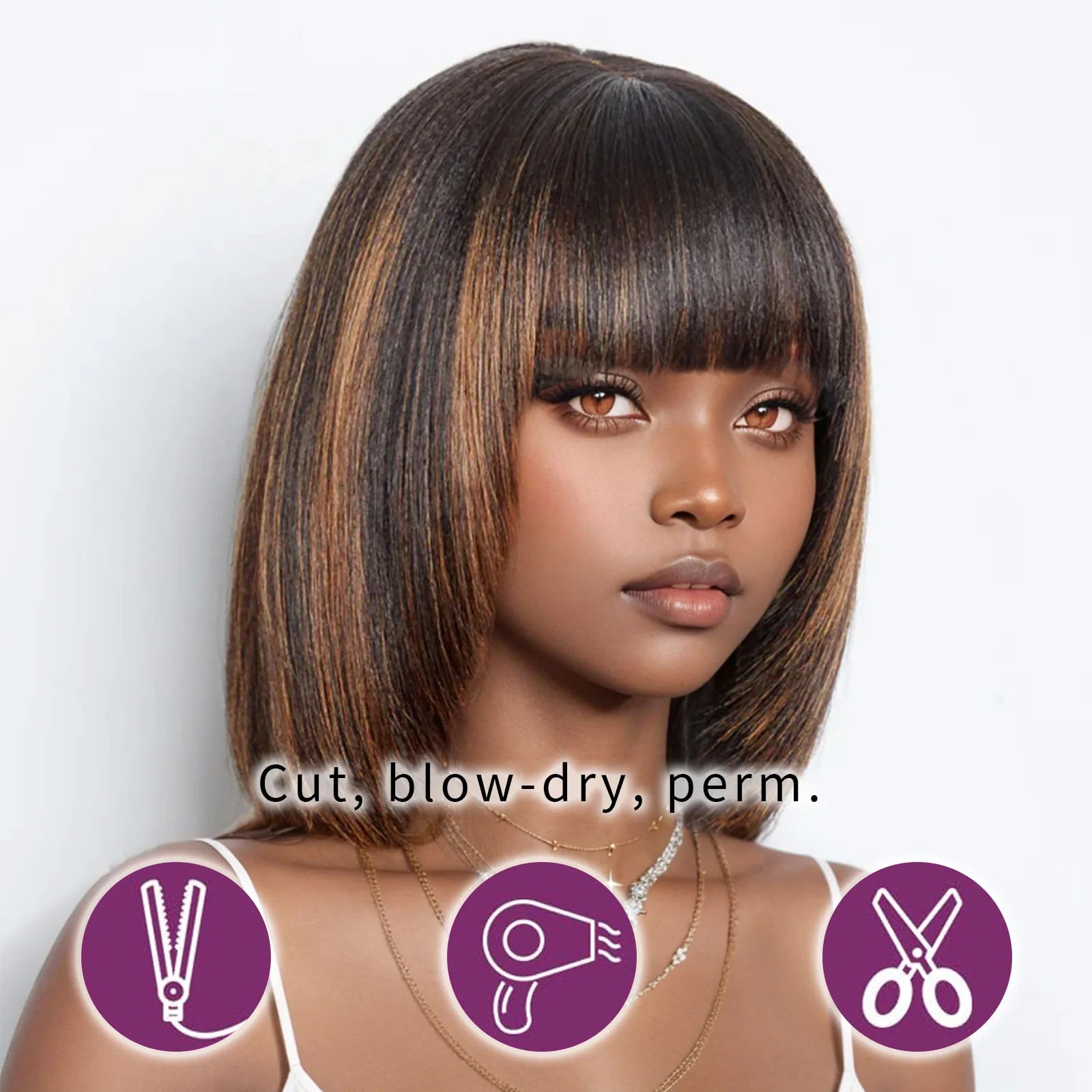 Adjustable - cap short wig for a customized and comfortable fit250% Density Straight Bob Wig Human Hair  Wigs with Bangs