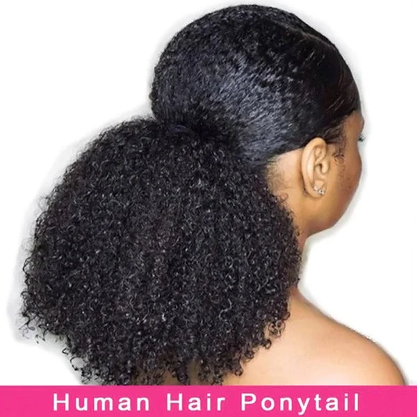 Extension ponytails with a secure elastic base for all - day comfortAfro Curly Ponytails Clip in Hair Extensions Kinky Curly Wrap Around Ponytail Human Hair