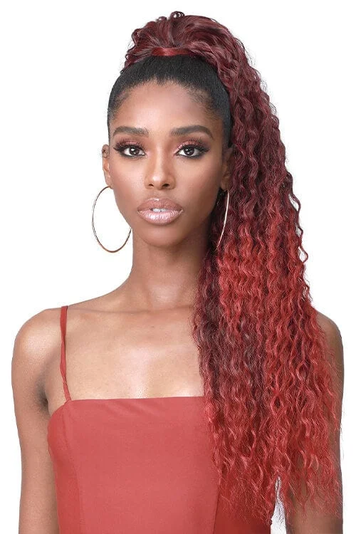 Curly ponytails with tight ringlets for a playful and feminine vibeBobbi Boss Miss Origin Designer Mix Tress Up Brazilian Wave 28″ Ponytail MOD026