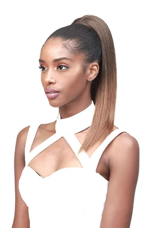 Ponytails with a side - swept bang for a flattering and stylish lookBobbi Boss Miss Origin Designer Mix Tress Up Yaki Straight 18″ Ponytail MOD008