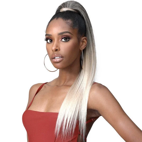 Ponytails with a middle - part for a classic and elegant styleBobbi Boss Miss Origin Tress Up Human Hair Blend Drawstring Ponytail - MOD010 Yaky Straight 28"