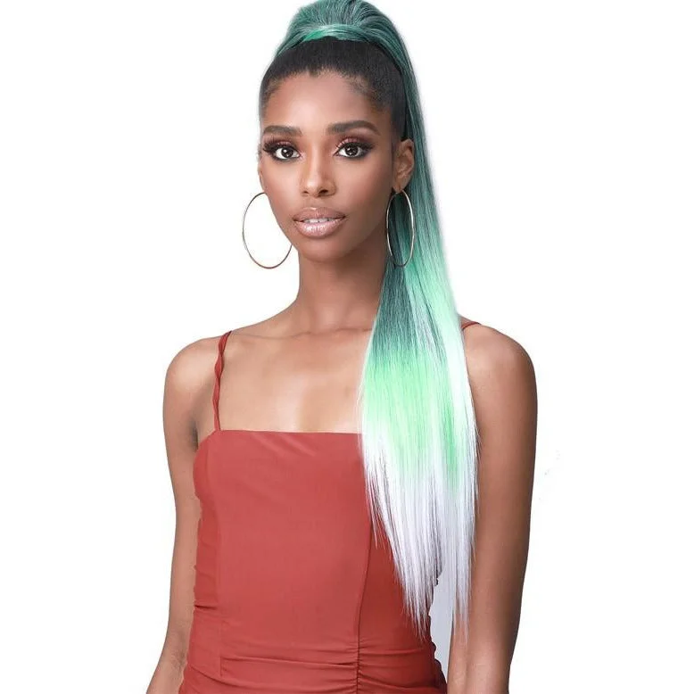 Ponytails with a side - swept bang for a flattering and stylish lookBobbi Boss Miss Origin Tress Up Human Hair Blend Drawstring Ponytail - MOD011 Yaky Straight 32"