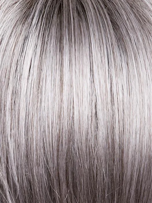 SILVER-STONE-R | Silver Medium Brown Blend Transitions to Silver then Medium Brown with Silver Bangs with Black Roots