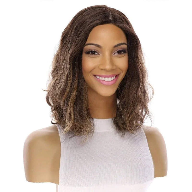 Short wig with a gradient color for a modern and stylish appearance13" Victoria Silk Top Wig Dark Brown Balayage Wavy