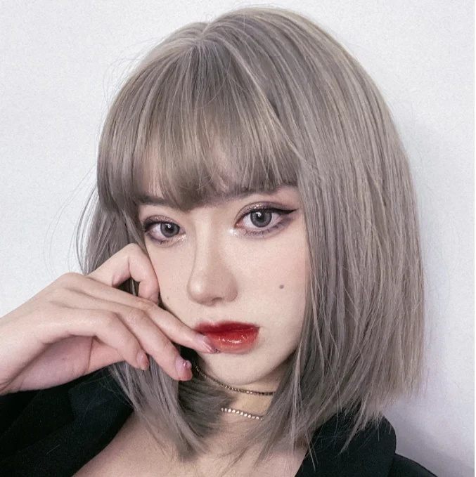 Heat - resistant short wig for easy styling with hot toolsCute gray short wig yv30368