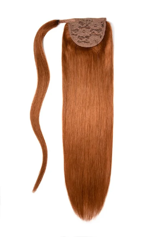 Straight ponytails with a sleek finish for a modern and polished lookFlaming Ginger (#350) Straight Up Wrap Around Ponytail Extension