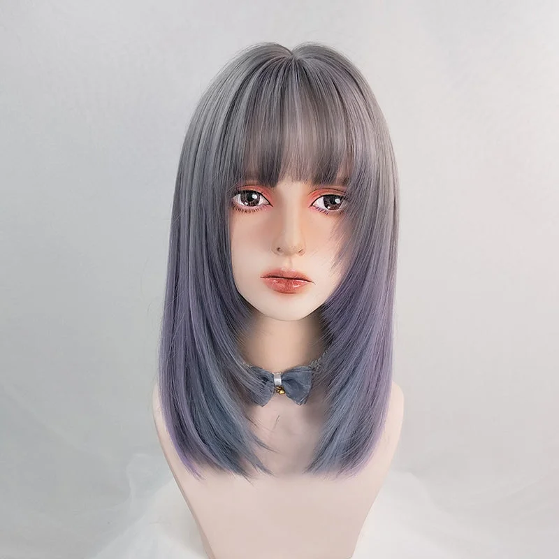 Short wig with a curly texture for a playful and youthful vibeHarajuku purple gray gradient wig YV43553