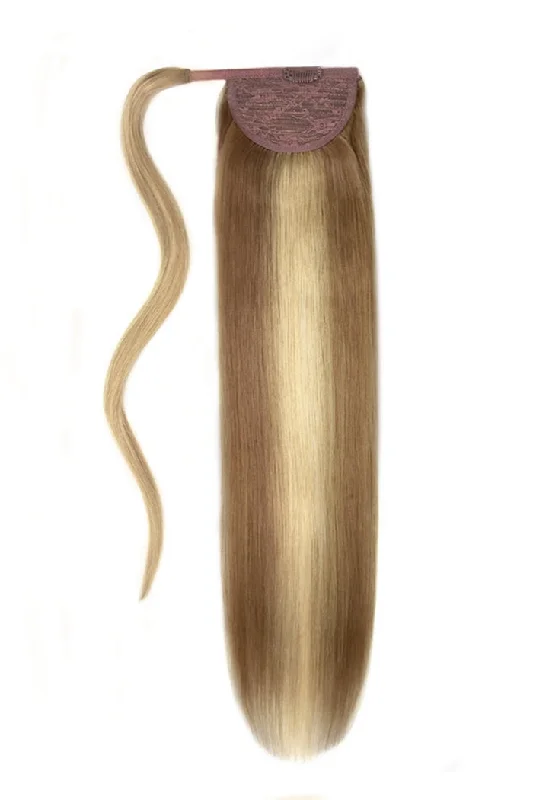 Straight ponytails with a sleek finish for a modern and polished lookIced Cappuccino (#14/22) Straight Up Wrap Around Ponytail Extension