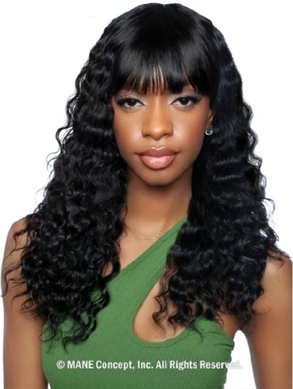 Short wig with a wavy texture for a beachy and relaxed lookMane Concept Trill 11A 100% Unprocessed Human Hair Full Wig - TRM119 LOOSE CRIMP FULL BANG 22"