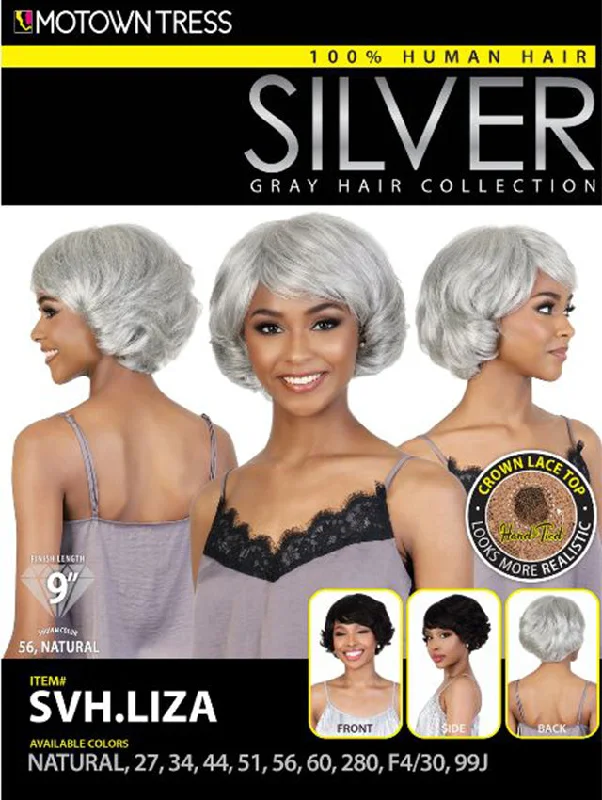 Short wig with a wavy texture for a beachy and relaxed lookMotown Tress 100% Human Hair Silver Gray Hair Collection Wig - SVH.LIZA