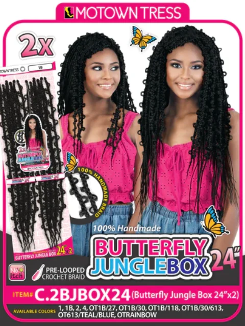 Cornrow Braid & Plait Hair Extensions with a Middle - Part for a Stylish LookMotown Tress 2X BUTTERFLY JUNGLE BOX Crochet Braid 24" (C.2BJBOX24)