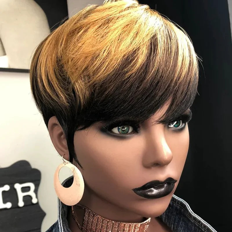 Short wig with a gradient color for a modern and stylish appearanceOmbre Color Pixie Cut Wig Machine Made Human Hair Wigs