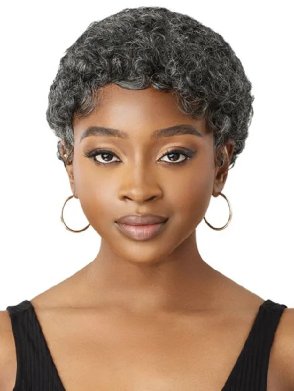 Short wig with a curly texture for a playful and youthful vibeOutre Fab & Fly Gray Glamour 100% Human Hair Wig - HH-CARLIE