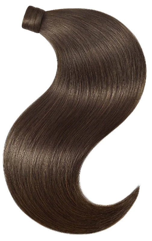 Ponytails with a side - swept bang for a flattering and stylish lookPONYTAIL LUXURY EXTENSIONS  Chocolate Roast Brown