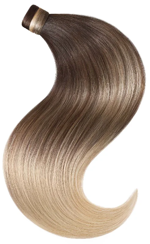 Ponytails made from recycled materials for an eco - friendly optionPONYTAIL LUXURY EXTENSIONS Sombre Chocolate Roast Brown & Honey Blonde