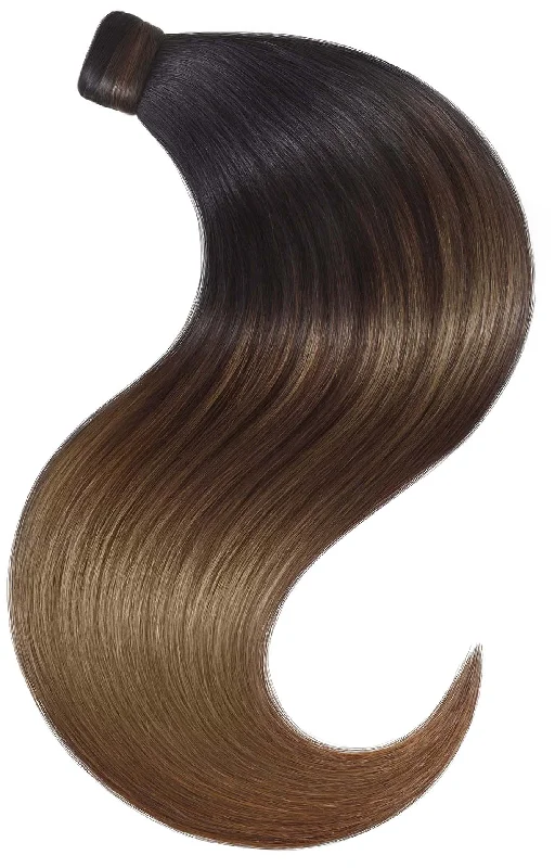 Ombre ponytails with a seamless color transition for a unique stylePONYTAIL LUXURY EXTENSIONS Sombre Jet Black & Chocolate Roast Brown