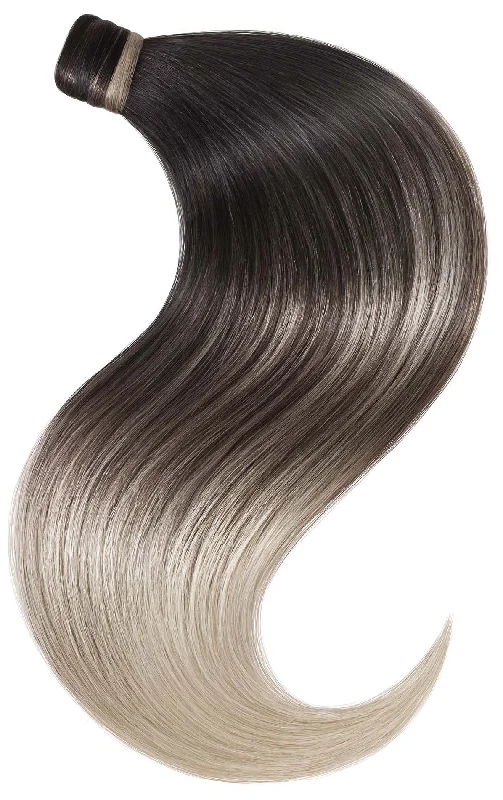 High - volume ponytails for a bold and glamorous appearancePONYTAIL LUXURY EXTENSIONS Sombre Jet Black & Metallic Silver Blonde