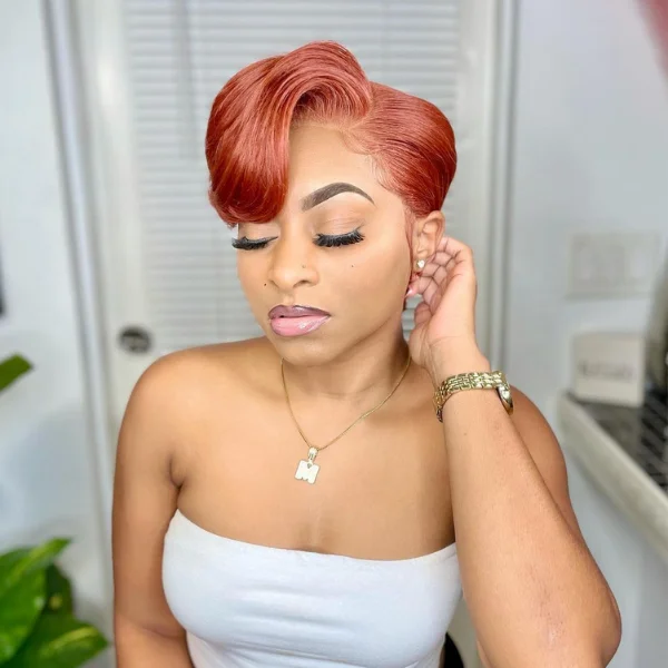 Petite short wig designed for a more delicate frameRed Orange Pixie Cut T-Part Lace Wig