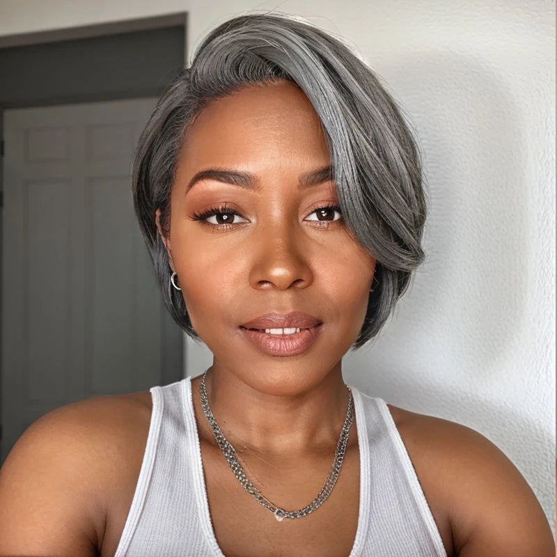 Short wig with a blunt bob cut for a modern and sleek styleSalt And Pepper Boss Look | Short Pixie Cut 5x5 Frontal Lace C Part Wig 100% Human Hair