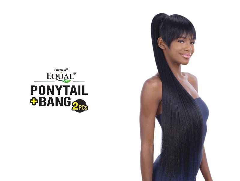 Ponytails with a side - swept bang for a flattering and stylish lookSHAKE N GO FREETRESS EQUAL PONYTAIL + CHINA BANG - LONG SLEEK YAKY 36" 2PCS