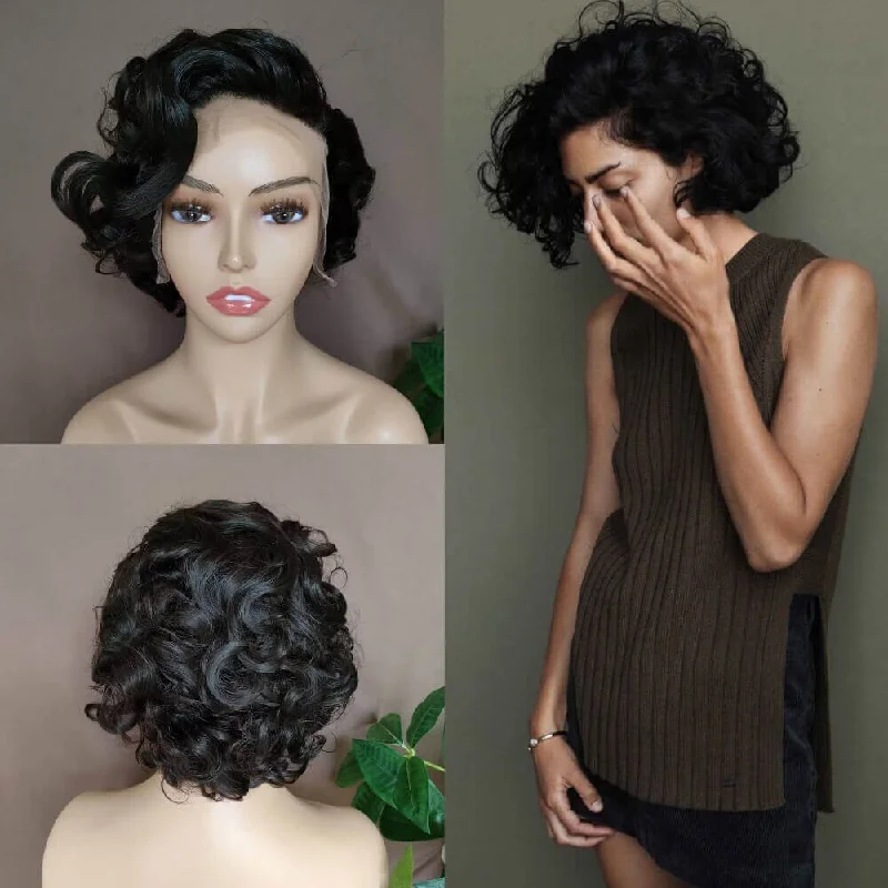 Layered short wig to add volume and dimensionShort Black Wave Human Hair Wig Lace Frontal Pixie Cut Wig