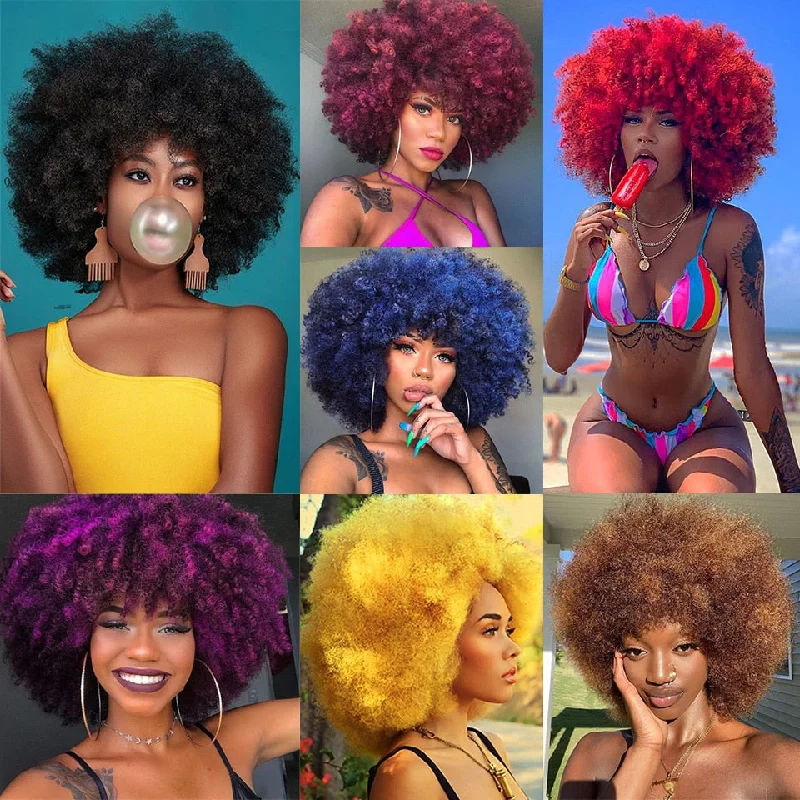 Short wig with a curly texture for a playful and youthful vibeDiva Unleashed: Chic Short Afro Kinky Wigs with Bangs - Glueless Ombre Style for a Confident, Easy New Look