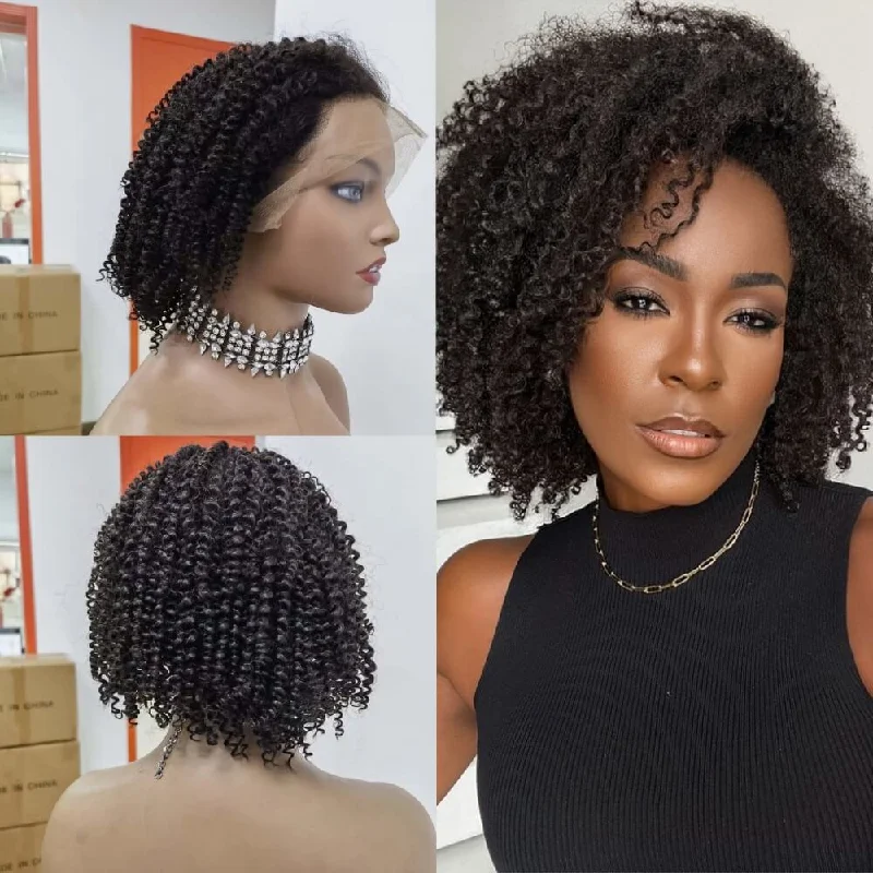 Short wig with a wavy texture for a beachy and relaxed lookShort Kinky Curl Human Hair Lace Wig Black Color Curly for Women