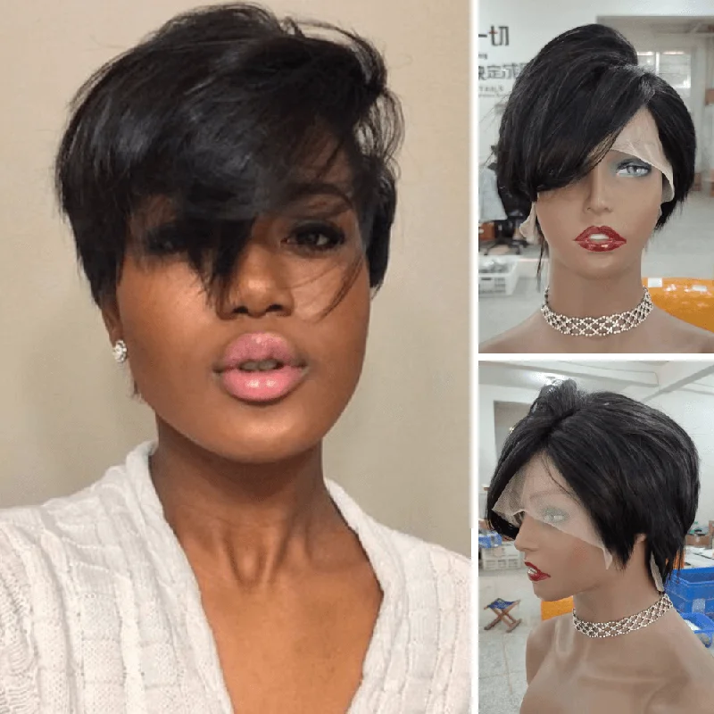 Short wig in a fiery red color for a vibrant appearanceStraight Pixie Cut Wig with Long Bangs Human Hair Lace Frontal for African American