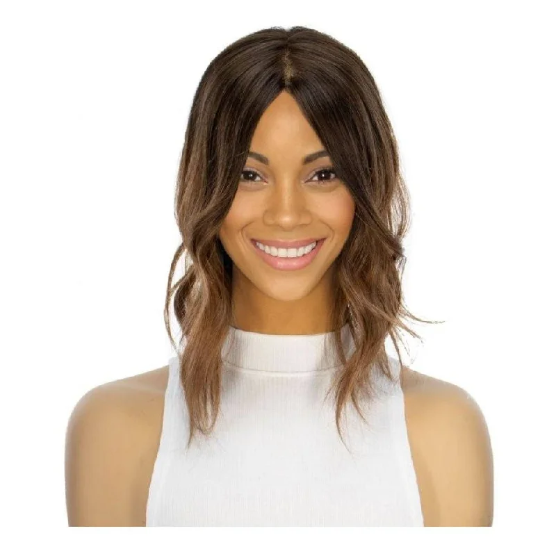 Layered short wig to add volume and dimension14" Topaz Lace Top Topper Dark Brown Ombre