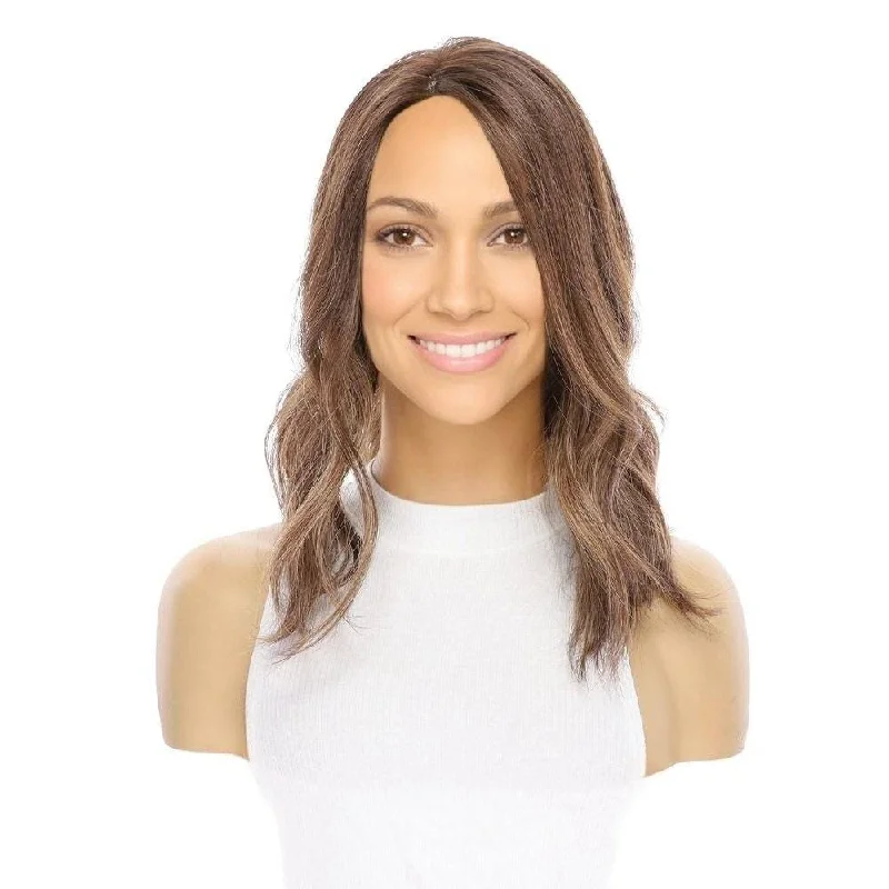 Short wig with a geometric pattern for a unique and fashion - forward design14" Topaz Lace Top Topper Medium Brown Balayage