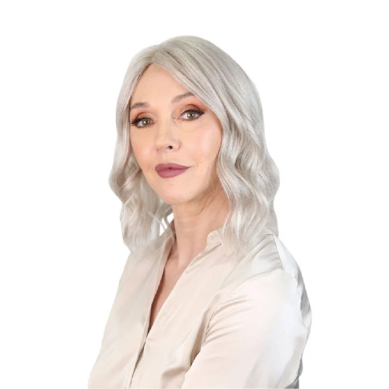 Platinum - blonde short wig for a trendy and eye - catching style14" Topaz Lace Top Topper Snow Grey