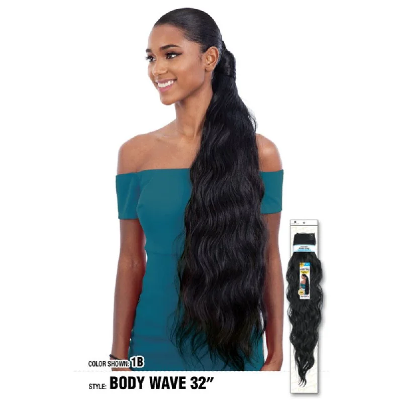 Braided ponytails with intricate patterns for an ethnic - inspired lookWrap-Around Ponytail - Organique Pony Pro - Body Wave 32"